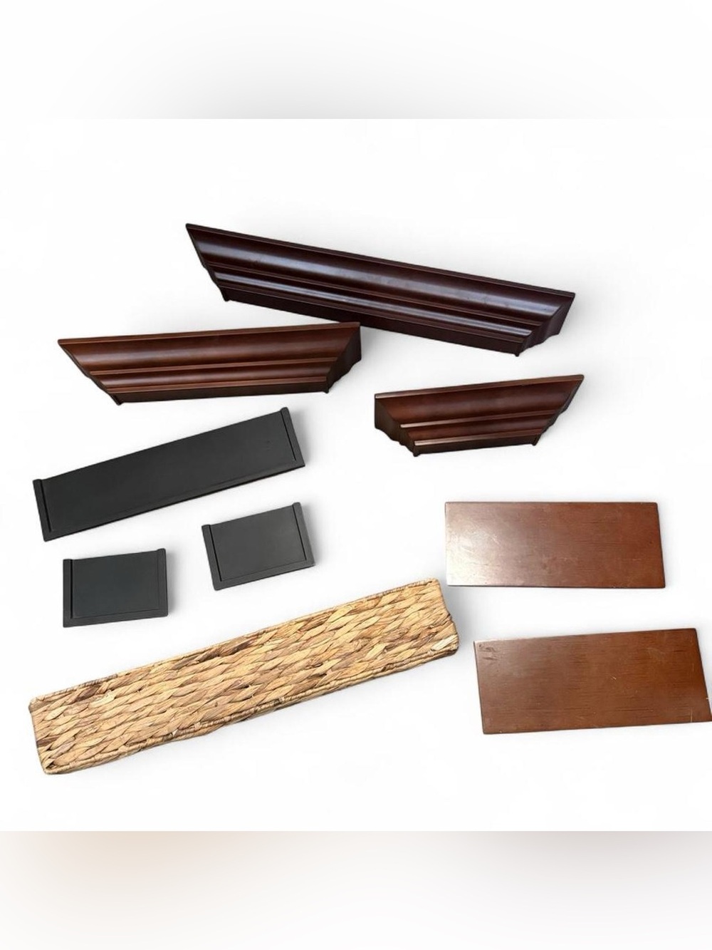 Lot of 9 Floating Wall Shelves Assorted Sizes Wood Woven Seagrass Plastic Ledges